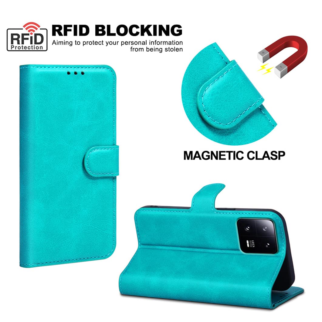 Skórzane etui do Xiaomi 13/13 Pro, portfel z funkcją blokowania RFID, etui z klapką, podpórka, magnetyczne etui odporne na wstrząsy, ochrona przed upadkiem, zielony, 13