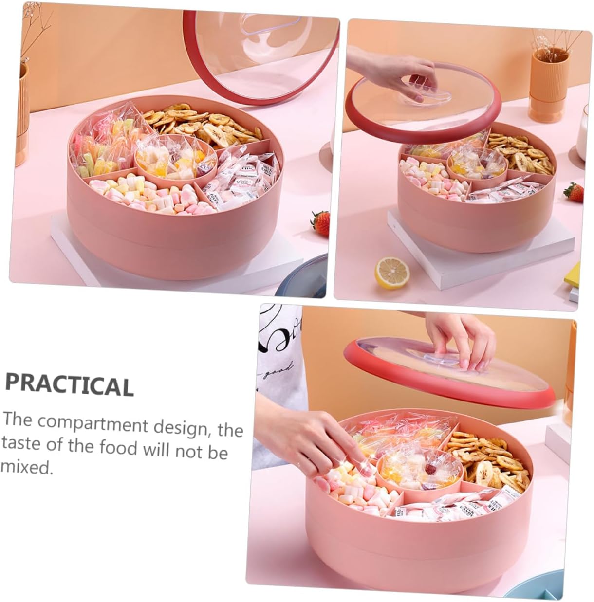 Gadpiparty Double Layer Rotating Candy Box Snack Container with Lid, Pink Compartmented Dry Fruit and Nut Storage Tray for Home and Travel