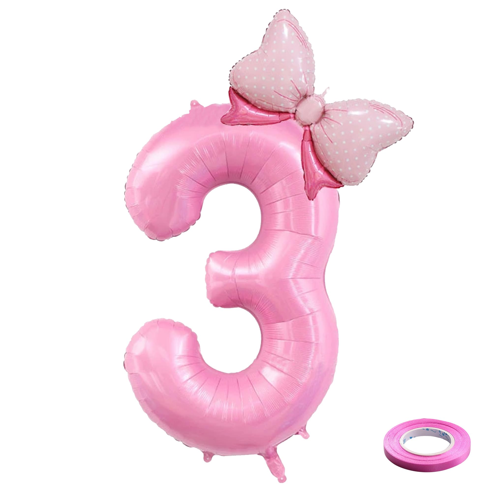 Heyiminy Pink Bow Number 3 Balloon, 40 Inch Large Foil Number Balloons with Bow, Pink Jumbo Number Balloon with Ribbon for Grils Daughter 3rd Birthday