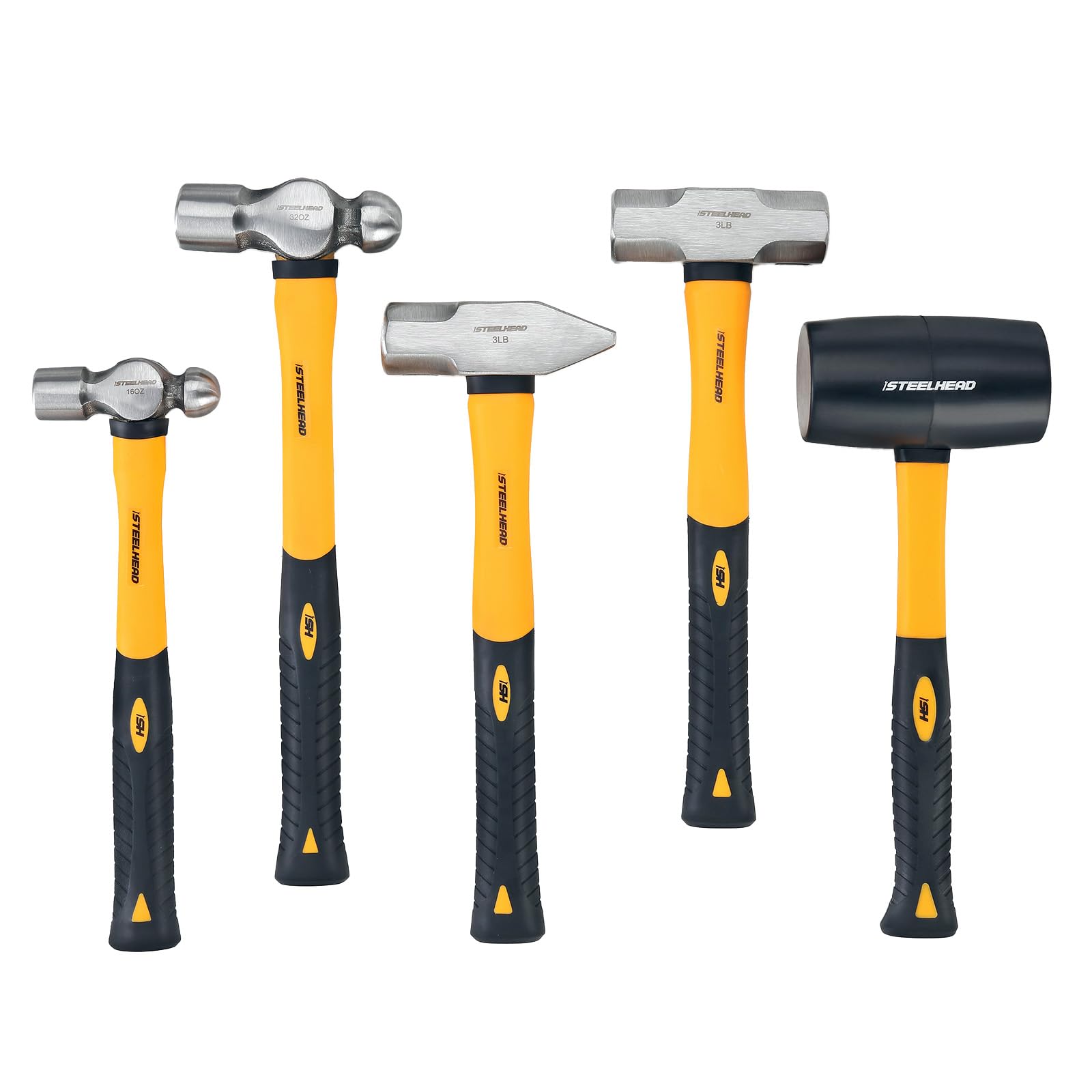 STEELHEAD 5-Piece Fiberglass Handle Hammer & Mallet Set - 16oz Ball-Peen, 32oz Ball-Pein, 32oz Rubber Mallet, 3lb Sledge, 3lb Cross-Pain - Metal Working, USA-Based Support