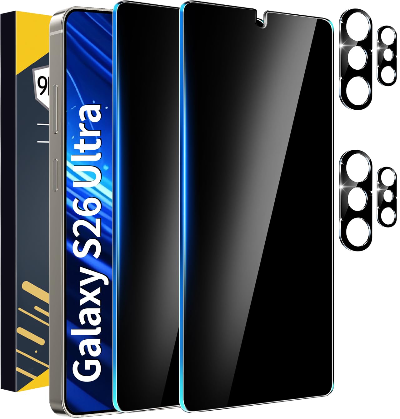 2 Pack Privacy Screen Protector for Samsung Galaxy S26 Ultra Tempered Glass + 2 Pack Camera Lens Protector, True 25°Anti Spy, 9H+ Hardness, Fingerprint Unlock, Case Friendly Bubble-Free 6.9 Inch