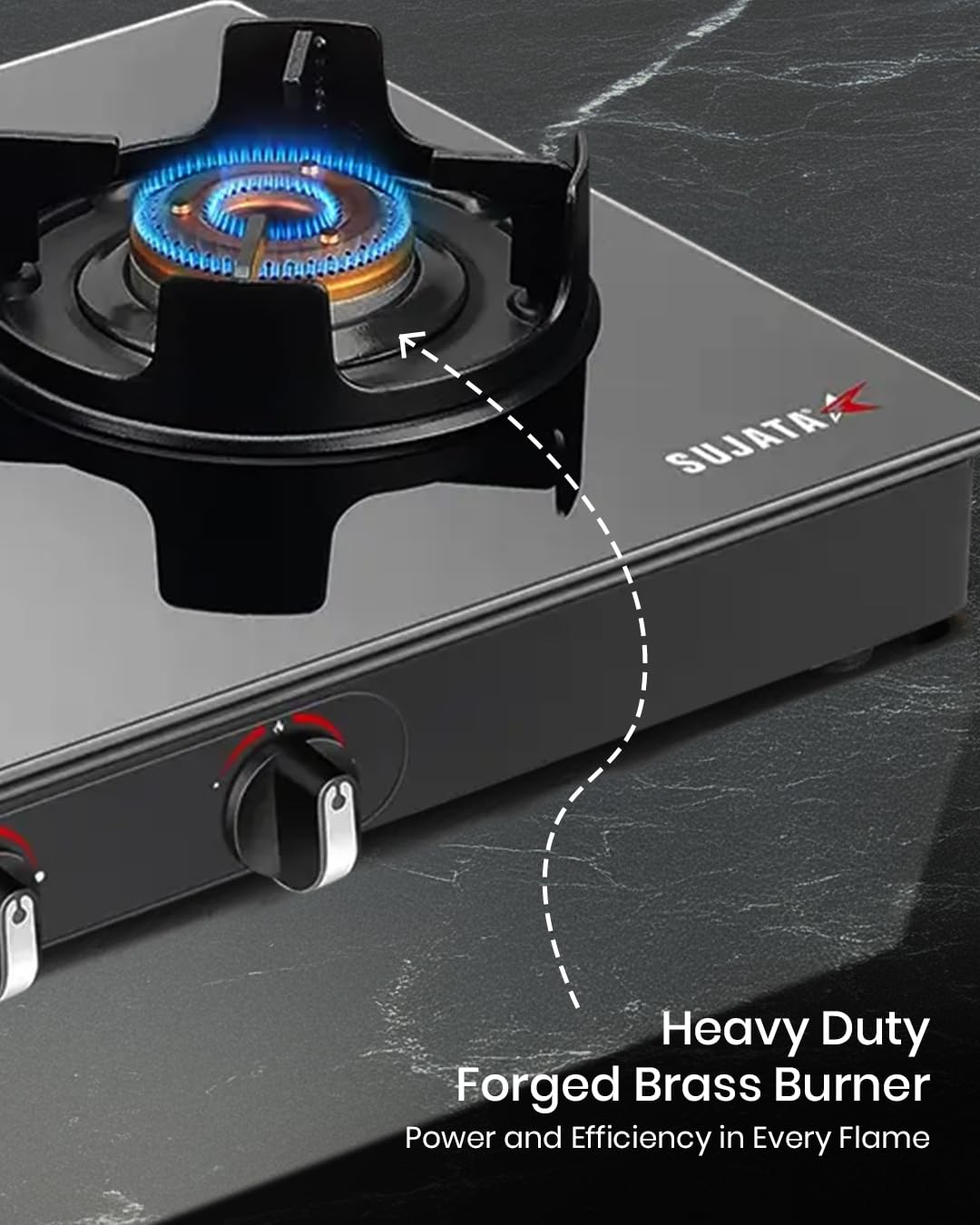 Sujata Deluxe Gas Stove | 9 Years Warranty | 3 Burner Gas Stove Glass Top, Stove 3 Burner, Manual Ignition, SABAF, ISI Certified, LPG & PNG Compatible, Jumbo Brass Burner (Black)