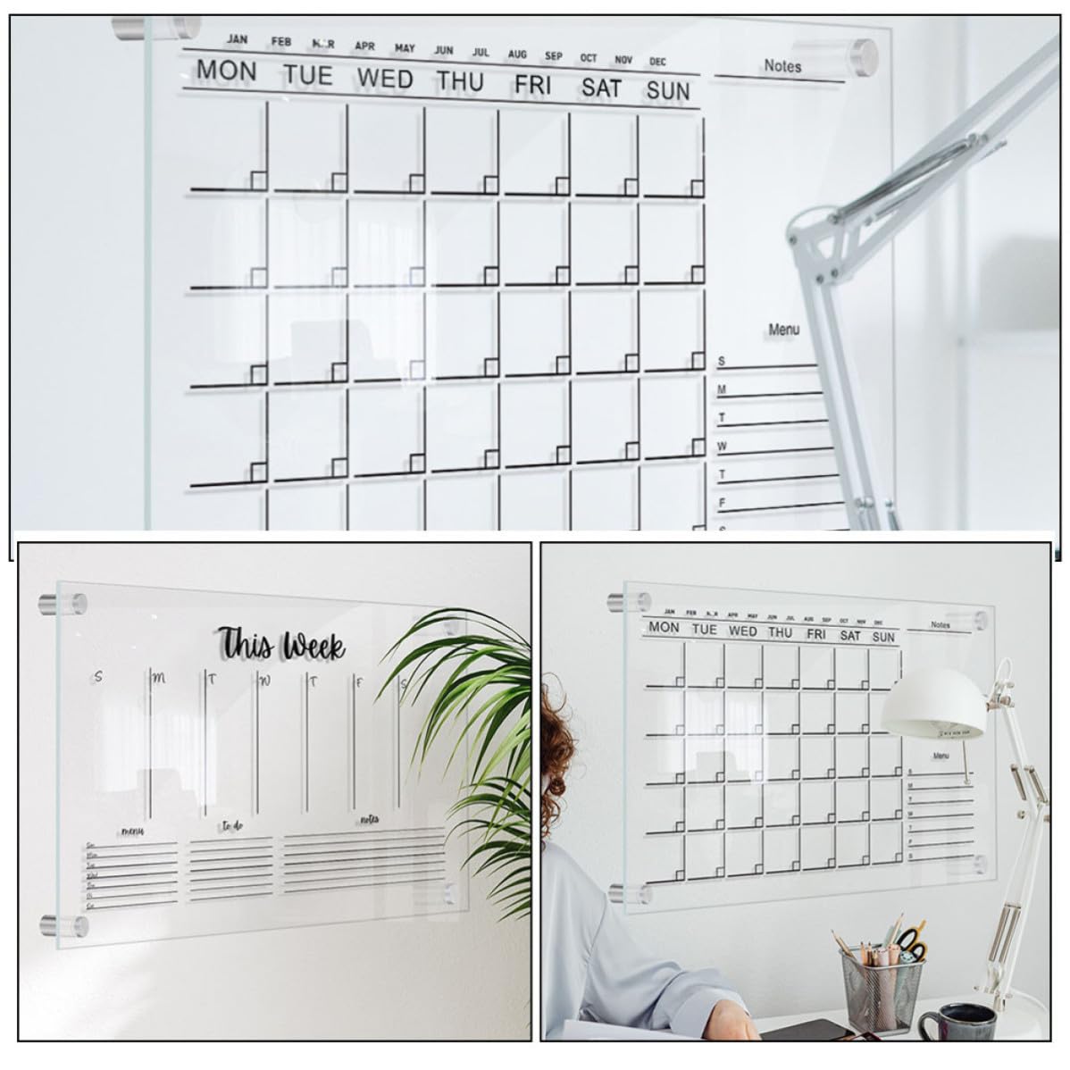 Set da 2 Lavagne Memo in Acrilico Trasparente Cancellabili per Parete, Design Semplice Moderno, per Ufficio e Cucina, Funzione Scrittura e Disegno