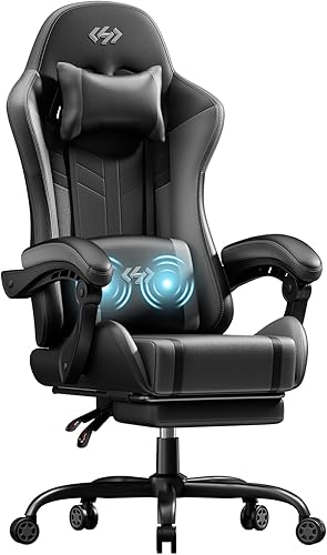 HLDIRECT Silla de juegos, silla ergonómica para videojuegos con giro de 360 y masaje lumbar, silla de computadora con cojín de piel sintética para