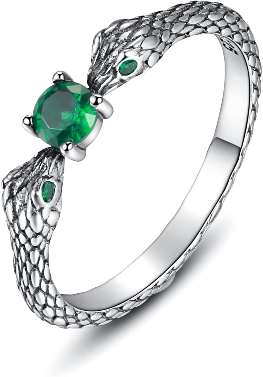 MANBU Sterling Silver Snake Ring for Women - Vintage Double Head Snake Ring with CZ Animal Stackable Ring Birthday Christmas Jewelry Gift for Snake Lovers