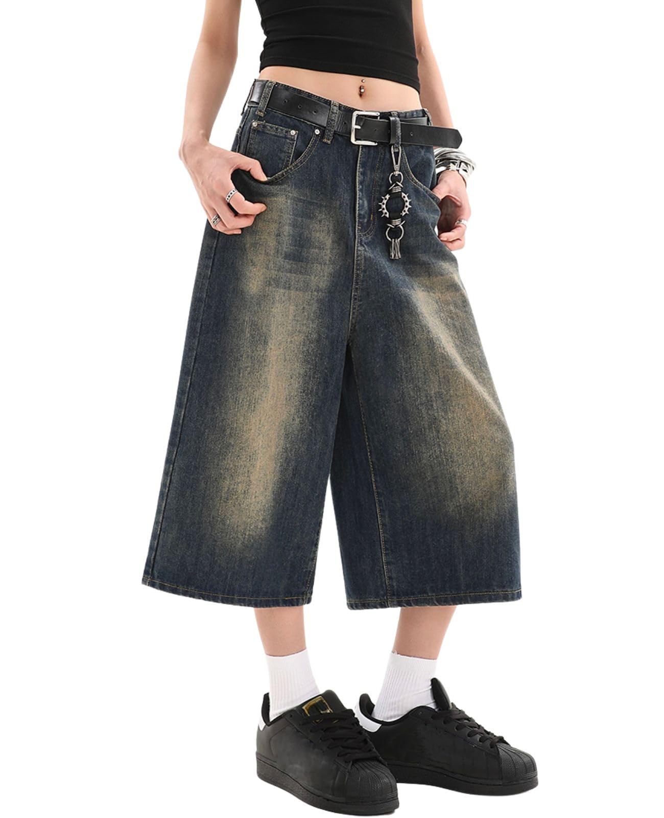 Lafaguw Cropped Jeans for Women Men High Waist Wide Leg Baggy Jorts Y2K Casual Denim Capris Pants Grunge Summer Clothes., Retro Blue1, XL Short