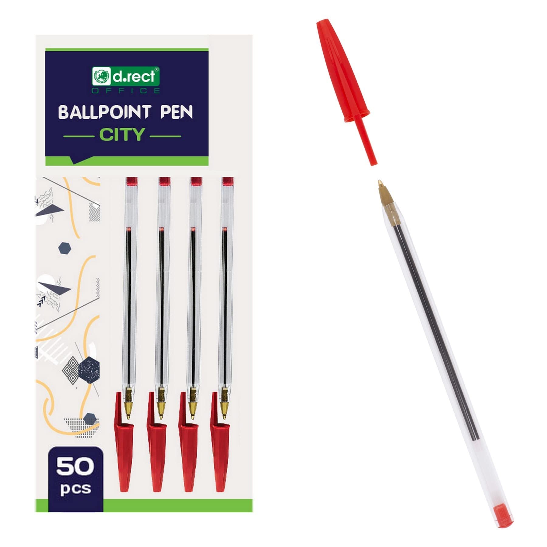D.RECT City Ballpoint Pens Pack of 50 Transparent Lid Tungsten Carbide Ball Comfortable Ballograf Red, 1 count (Pack of 50)