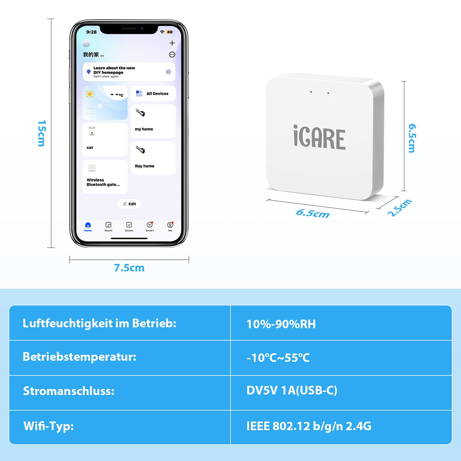 Smart Gateway (WiFi/Bluetooth) für ICARE Fingerprint Smart Lock/Tuya/Smart Life - Fernsteuerung per App, kompatibel mit Alexa & Google Home
