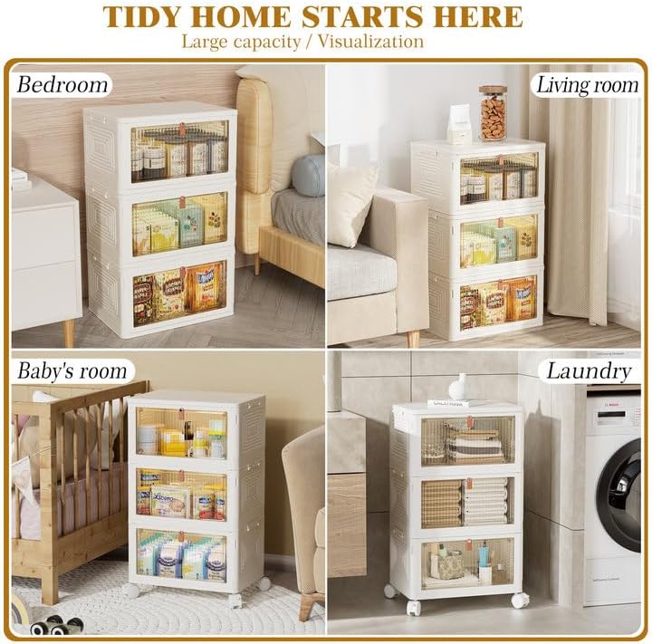 Miniatura 5 de Contenedores de almacenamiento de plástico de 3 niveles con tapas de 23 cuartos de galón, contenedores de almacenamiento apilables con ruedas, cajas