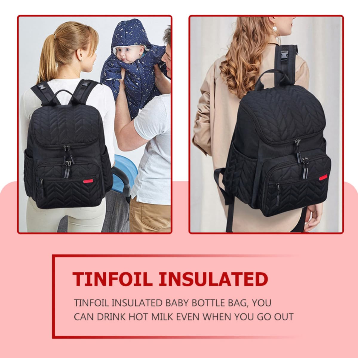 Bolsa de Pañales Mochila de Gran Capacidad Negra de Nylon y Poliéster