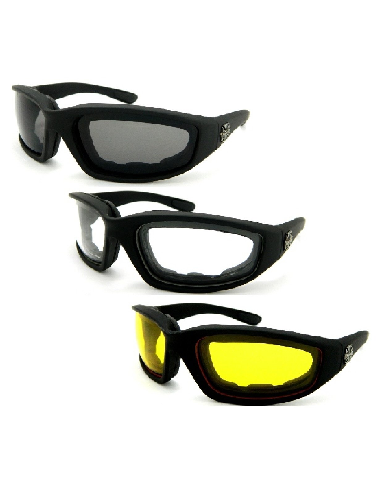 3 paia: imbottita moto equitazione occhiali occhiali Day Night Dawn Dusk fumé trasparente giallo lenti infrangibili in policarbonato nero opaco telaio UV400 filtro per la massima protezione dai raggi UV rivestimento resistente ai graffi gomma paraorecchie