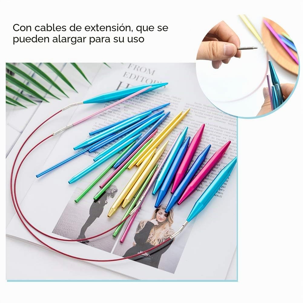 Juego de Agujas Circulares Intercambiables para Tejer 13 Pares Tamaños 2.75mm-10mm Aluminio con Asas Cómodas for Manualidades y Costura