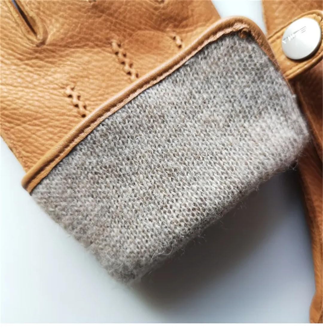 Damen-Handschuhe aus echtem Leder, importiertes Hirschleder, Wolle, gestrickt, gefüttert, thermische Fahrhandschuhe, Grau, Größe L