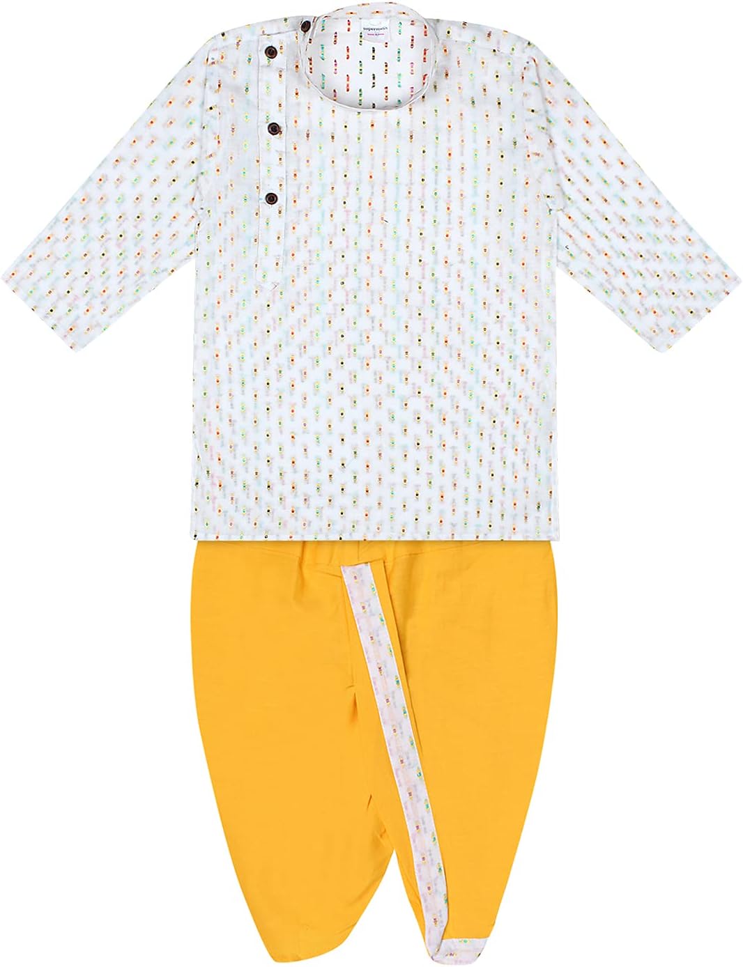 SuperminisBoy's Cotton Kurta with Dhoti - Golden Thread Work, Round Collar, Full Sleeves, Side Button Kurta Set for Ethnic Wear