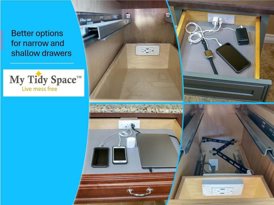 Compact in-Drawer Outlet Charging Station (2) 15 Amp AC Outlets (2) USB-A Ports with Cord Management Arm, White