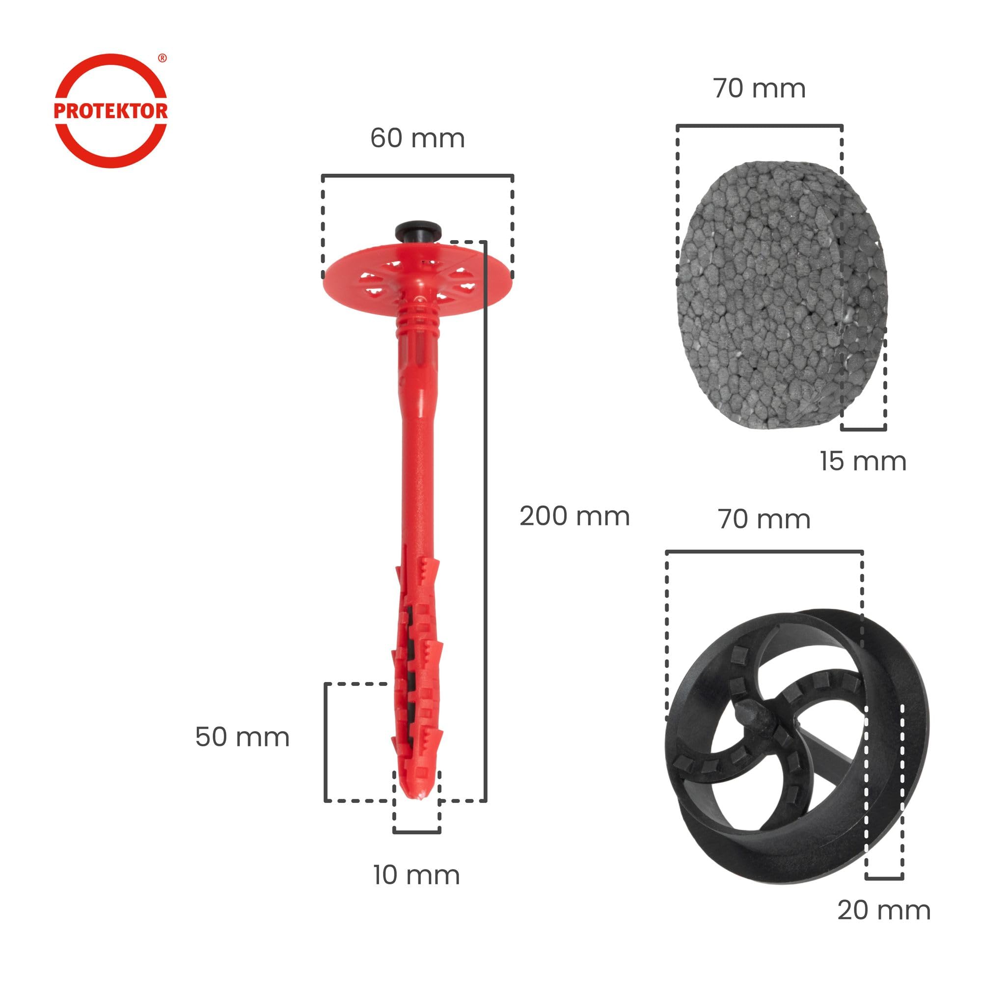 PROTEKTOR Kołki do ociepleń Ø10x200mm z plastikowym gwoździem (200 sztuk + 200 kółek + 1 otwornica) do fasad i systemów ociepleń WDVS, ETICS izolacji elewacji, kołki termiczne z certyfikatem ETA