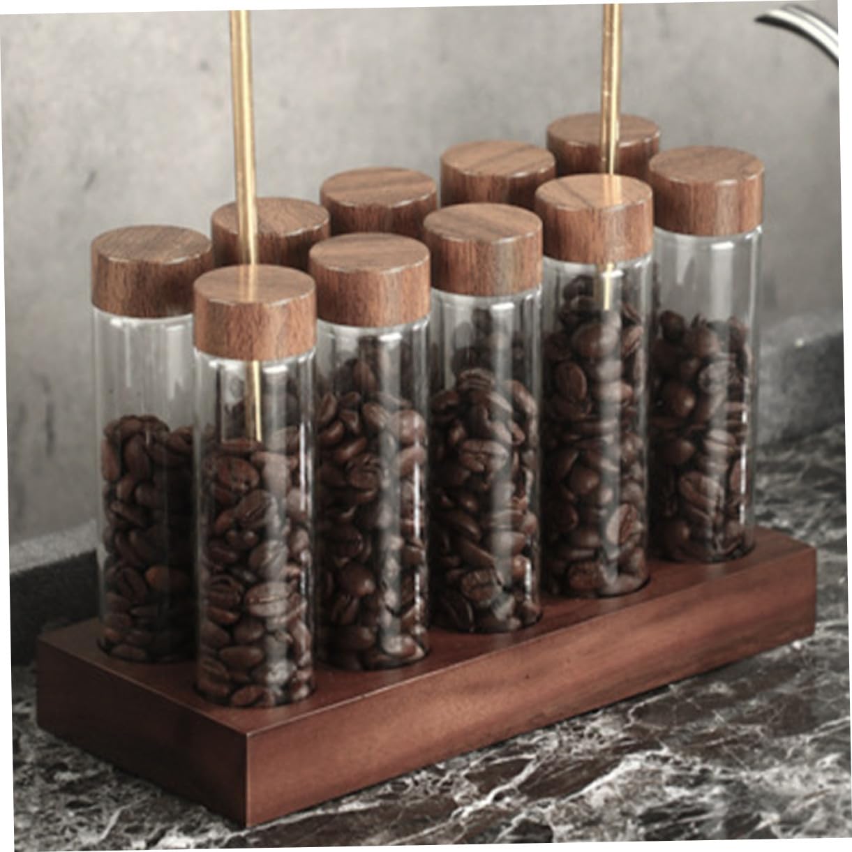 NOLITOY Kaffeebohnen Aufbewahrungsröhrchen aus Glas mit Holzständer Luftdicht Verschlossene Aromaflaschen Reagenzglas Satz für Kaffeegenuss und Vorrat
