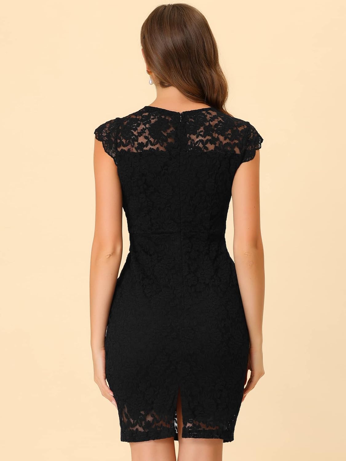 Allegra K Lace Dress for Women's Cap Sleeve Allover Floral Formal Stretch Knit Bodycon Dress - Image 2