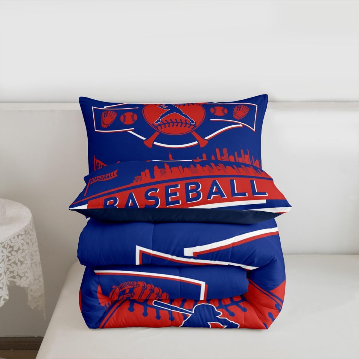 Erosebridal Baseball Printed Bedding Sets Full - Sports Game Comforter Set for Kids Adults Grunge Team Color Duvet Insert Softball Sports Quilt (Blue Red)