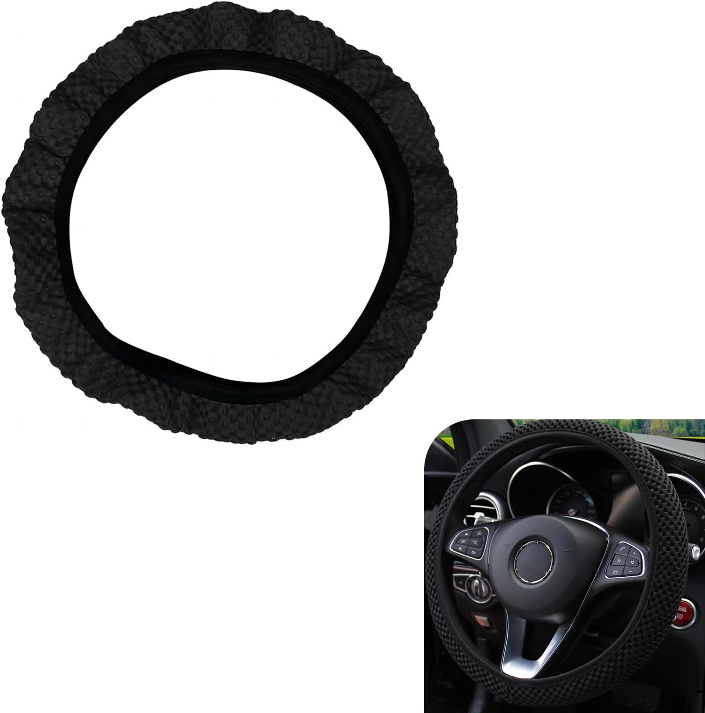 Car Steering Wheel Cover, Ice Silk 3D Massage Mesh Breathable without Inner Ring Steering Wheel Cover, Elastic Easy Grip Anti-Slip Protector for 14.5"-15", Universal for Cars (Black)