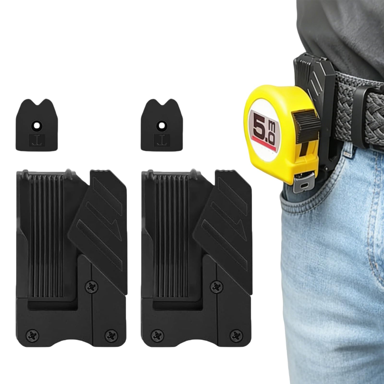 2 Pack Tape Measure Holder - Universal Tape Measure Belt Clip, Quick-Draw Quick-Lock Low-Profile Measuring Tape Holder for Pouch Pocket & Tradesman (Electrician/Carpenter/Plumber)