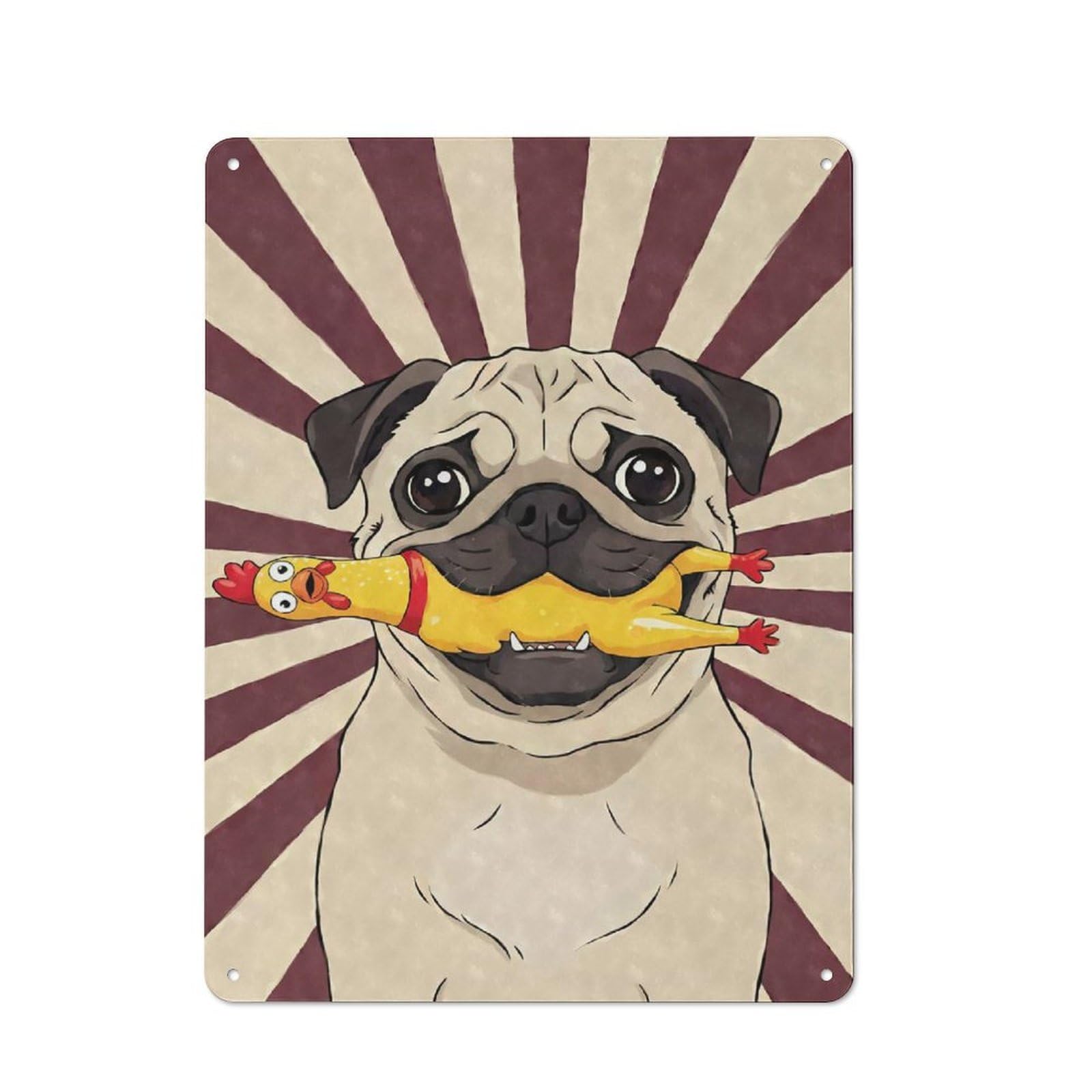 Junmoney Pug With Rubber Chicken Art Metal Plaque With Design 40X30cm, Country Style Kitchen Wall Decor For Coffee Bar, Kitchen, Bistro Or Tea Corner