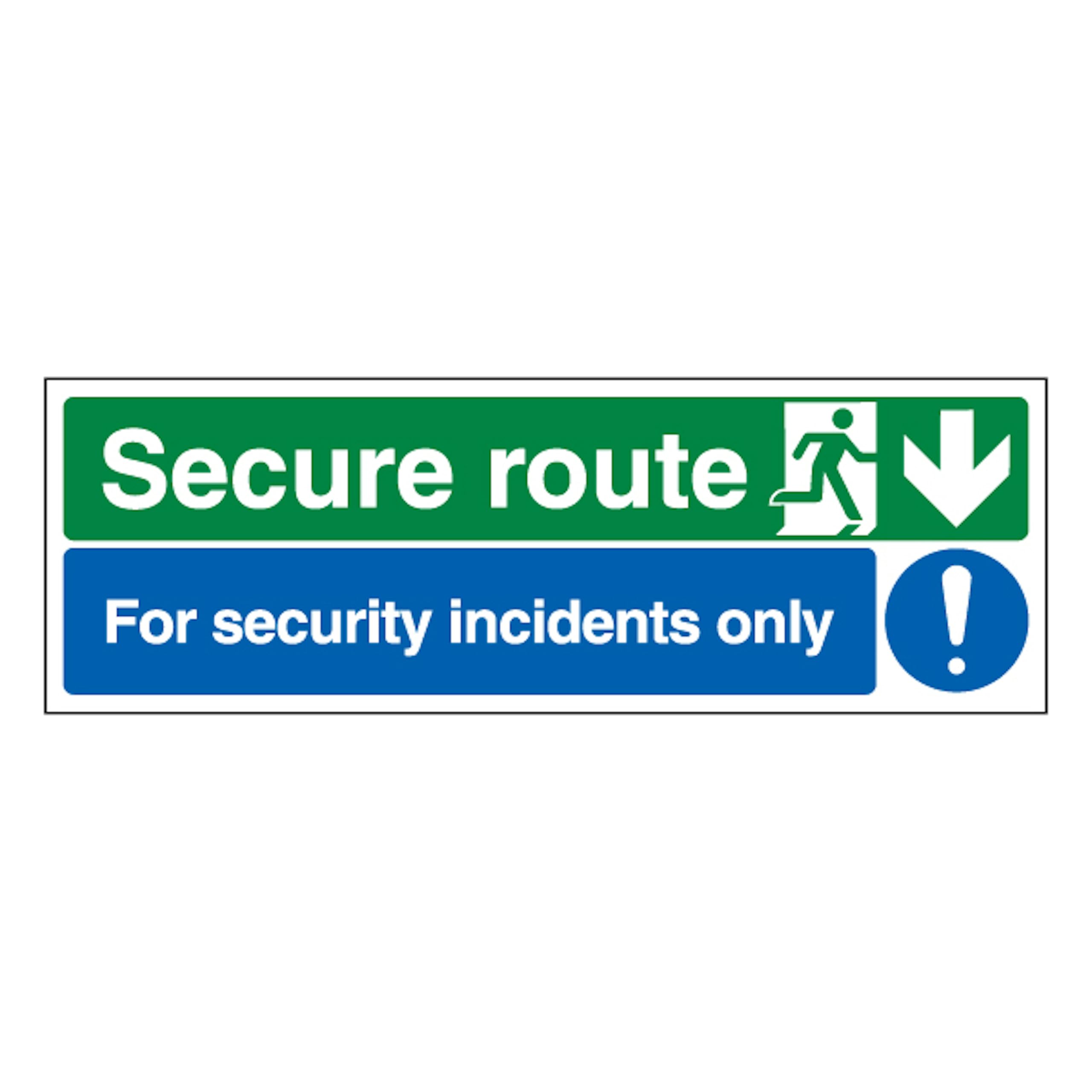 V Safety Secure Route Arrow Down/Security Incidents Only 450 x 150 mm - 1mm Rigid Plastic Safety Sign