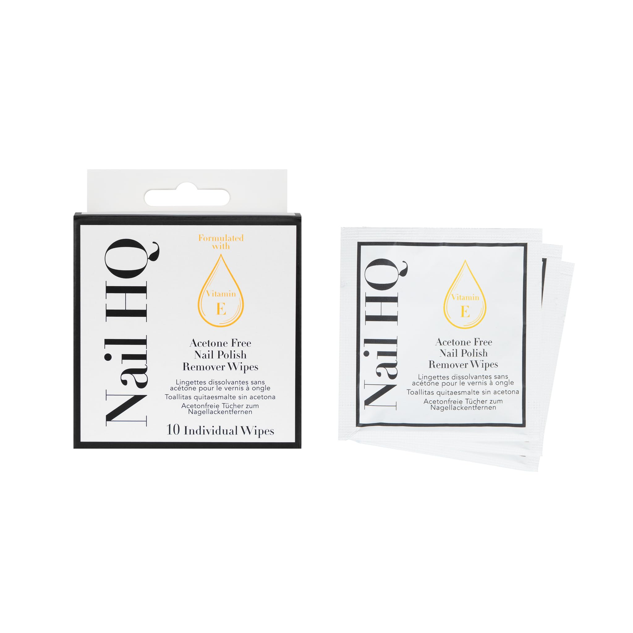 Nail HQ Acetone-Free Nail Polish Remover Wipes, Vitamin E Enriched, Individually Wrapped – Gentle, Portable, 10 Pack