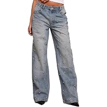 Tbahhir Womens Y2K High Waist Wide Leg Jeans Sparkly Rhinestone Studded Glitter Bling Baggy Stretch Denim Pants with Pockets