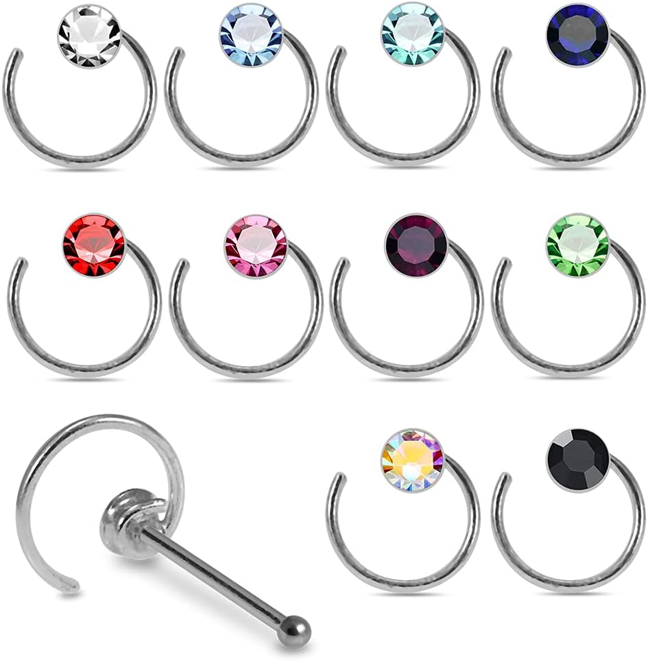 20 Pieces Box Set Spiral with Crystal Stone Design 22 Gauge 925 Sterling Silver Nose Pin - Nose Stud - Tiny Nose Ring - Nose Piercing Body Jewelry