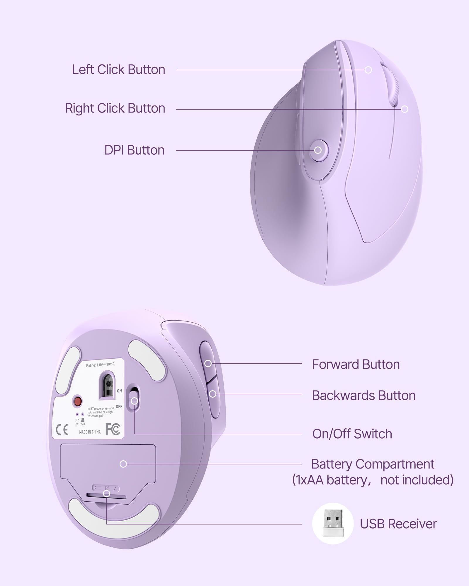 Ergonomische Maus, Kabellose Bluetooth Vertikale Maus mit Dual Verbindung (Bluetooth 5.0 & USB-A) Leise Ergo Maus für Windows Mac iPad OS PC Laptop Lila