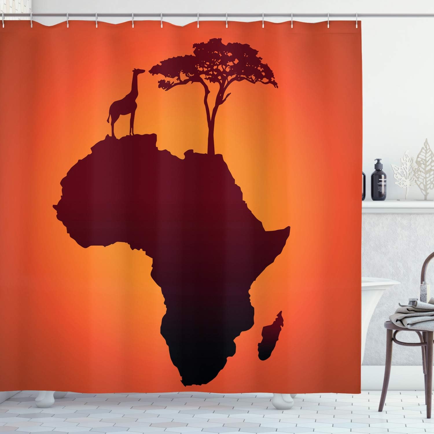 Ambesonne African Shower Curtain, Savannah Map Continent Giraffe and Tree Silhouette Wild Design Illustration, Cloth Fabric Bathroom Decor Set with Hooks, 69" W x 75" L, Orange and Brown
