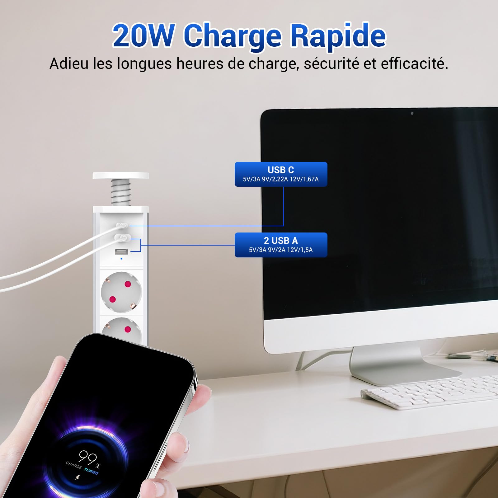 Steckdosenleiste Unterputz Block PD 20 W Schnellladung mit 3 Steckdosen, 2 USB-A und 1 USB-C Kabel 1,8 m, Ø 60 mm, versenkbare Steckdose, Arbeitsplatte für Küche, Büro, Schlafzimmer, Wohnzimmer