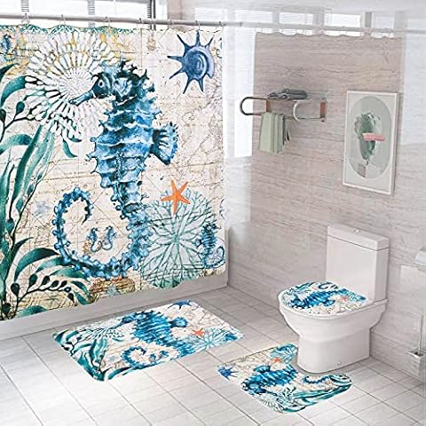 Nautical Blue Sea Bathroom Sets with Shower Curtain and Rugs and Accessories, Hippocampus Shower Curtain Sets with 12 Hooks, Bath Mat Set Bathroom Seahorse Decor by Fabric Shower Curtain Cover