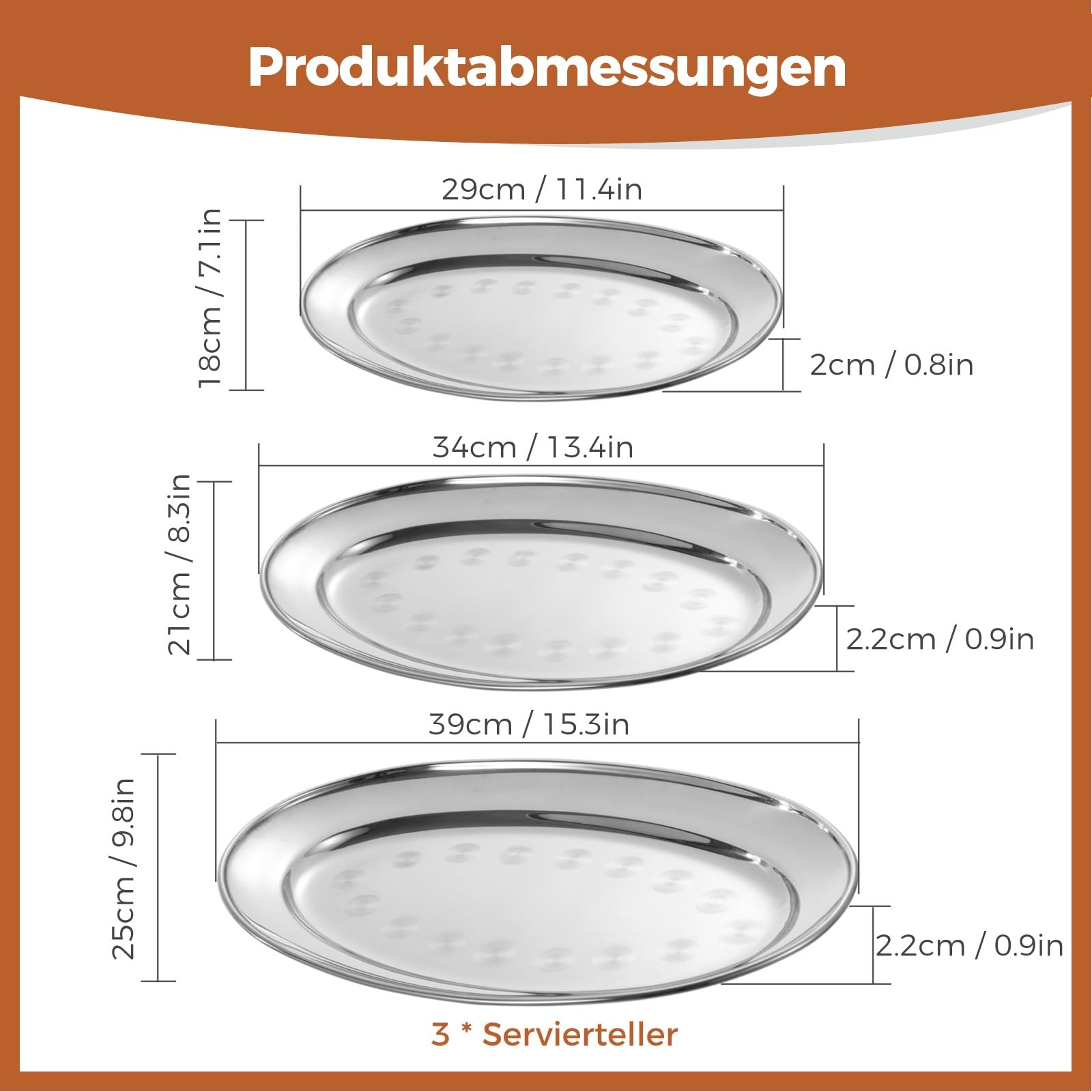 3 Stück ovale Edelstahl-Servierplatten, lebensmittelechte Metall-Servierplatte, großes Brutzel-Serviertablett, Kellnertablett, hochglanzpoliertes Edelstahl-Lebensmitteltablett für Abendessen, Partys