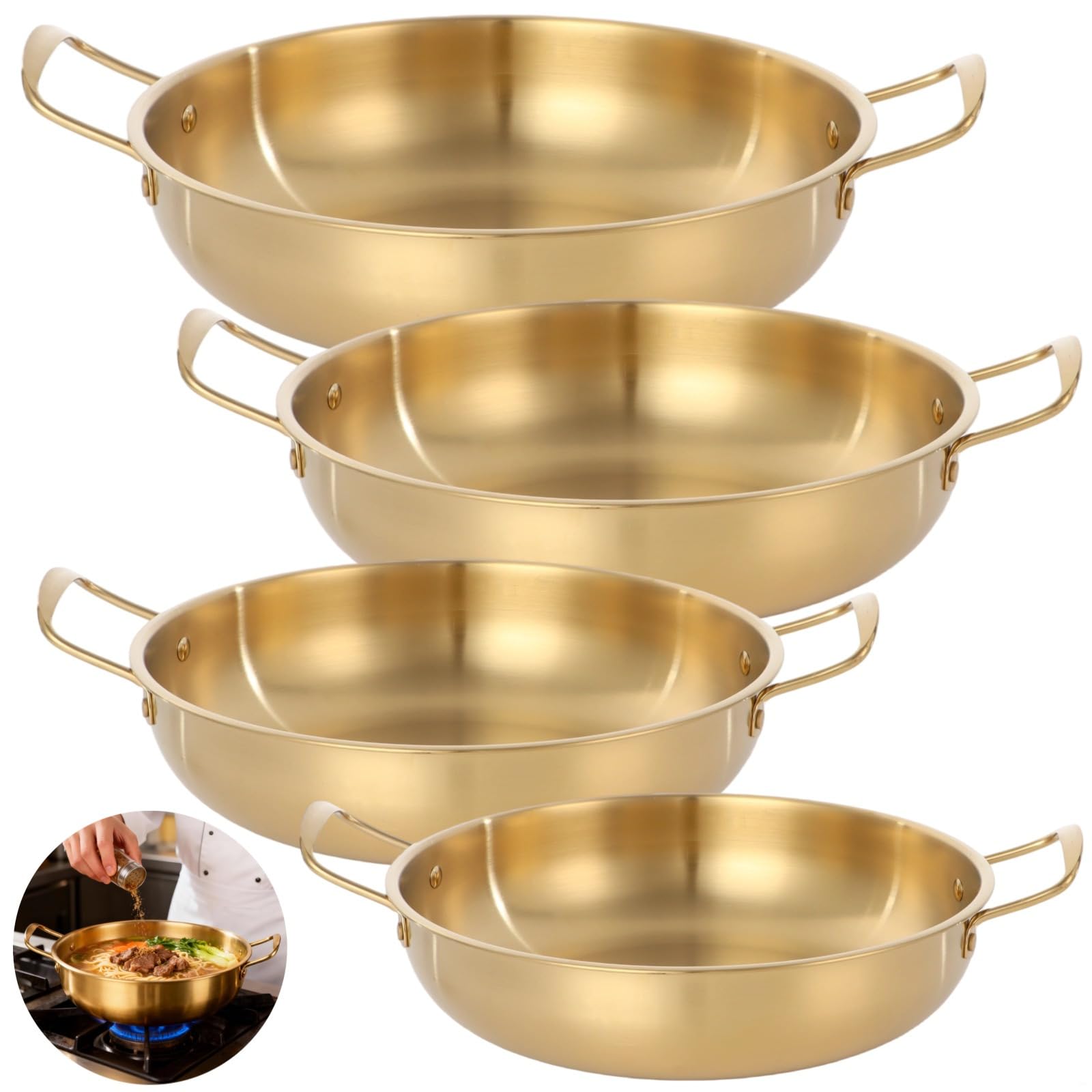 Koreanisches Ramen-Topf-Set, 4 Stück, goldene Edelstahltöpfe, stapelbar, 18 - 25,9 cm, für Suppe, Nudeln und Nudeln