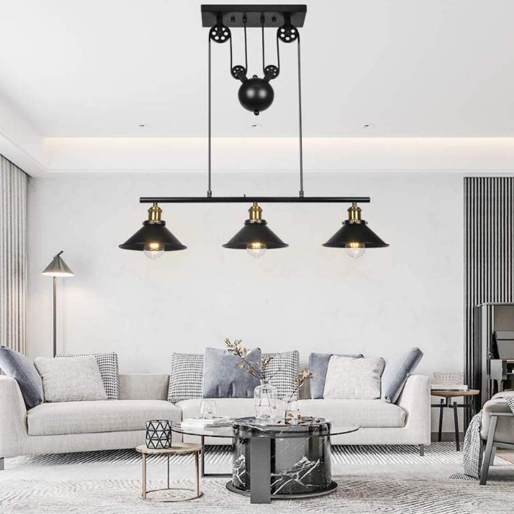 Vintage Industrial Lámpara Colgante Billiard Chandelier E27 Retro Lámpara Colgante De Metal Negro Polea Rise And Fall Lámpara De Techo Para Comedor Loft Sala De Estar Cocina Café Vestíbulo