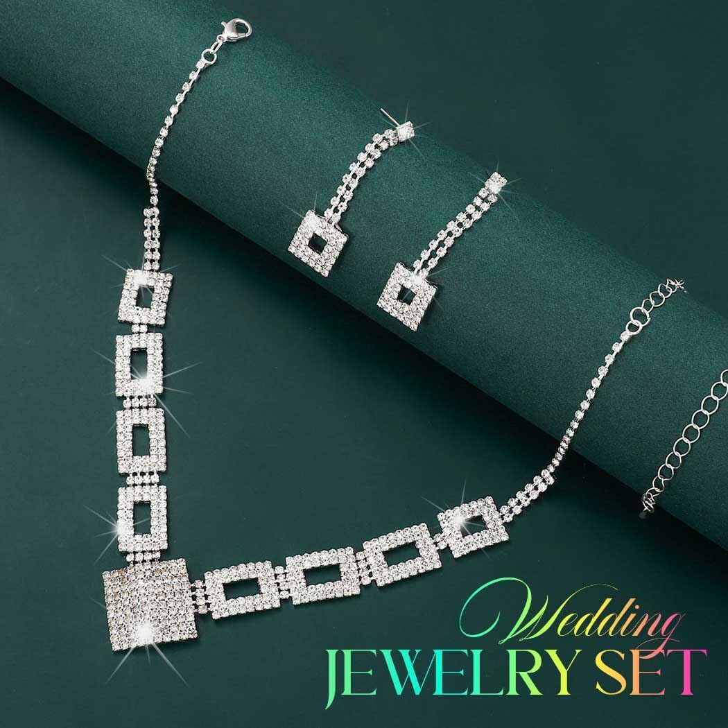 Yean Rhinestone Bride Wedding Jewelry Set Silver Crystal Necklace and Earrings Bracelet Set Prom Formal Costume Jewelry for Women - Image 4