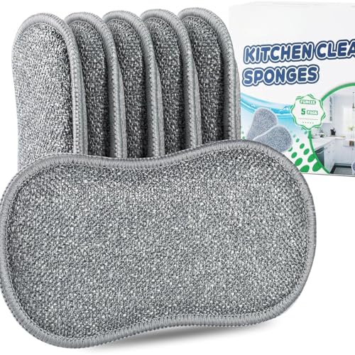 QZEMEL Double-Sided Dishwashing Scrubber Pads 5 PCS - Non-Scratch, Reusable Cleaning Sponges for Kitchen, Dishes, Pots, Pans - Soft Mesh & Silver Side - Quick-Dry, Odor-Free
