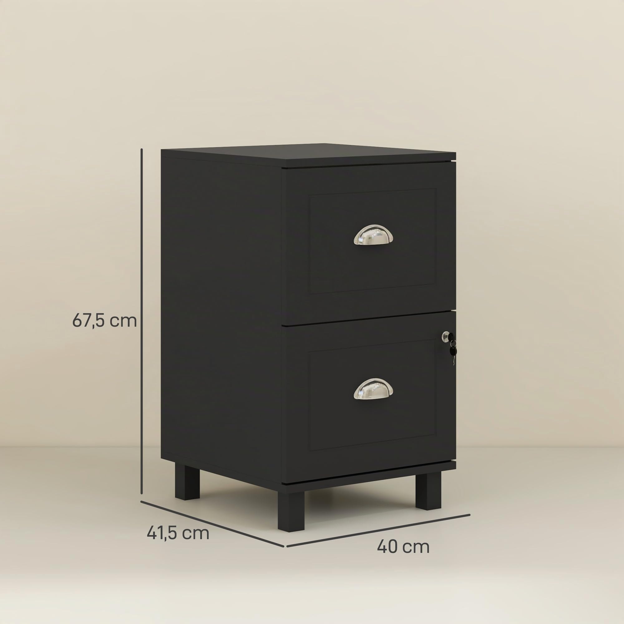 HOMCOM Cajonera de Oficina Mueble Archivador con 2 Cajones Cajonera para Escritorio con Cerraduras Carpetas Suspendidas para A4 y Carta 40x41,5x67,5 cm Negro
