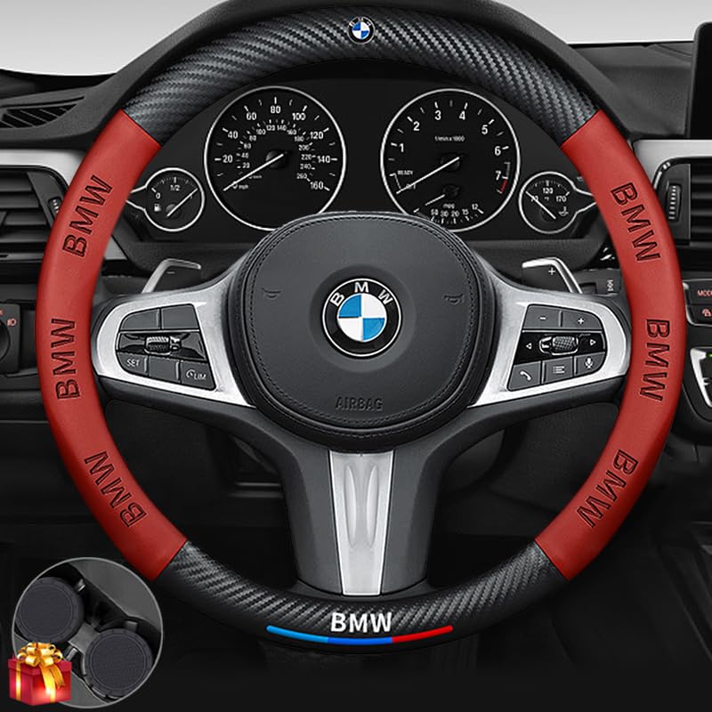 Steering Wheel Cover Compatible with BMW Nappa Leather&Carbon Fiber Texture Steering Wheel Cover 14.5-15 Inch Diameter with 2 Coasters and USB Fast Charging Cable (Red)