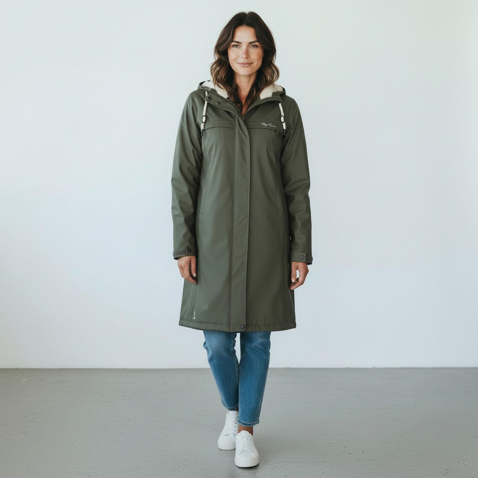Dry Fashion Damen Regenmantel Oslo - PU-Mantel Outdoor in Oliv, Größe 38 | Wind- & wasserddicht, Verschweißte Nähte, 2-Wege-Reißverschluss, Verstellbare Kapuze, Kinnschutz, Taillenregulierung, Taschen