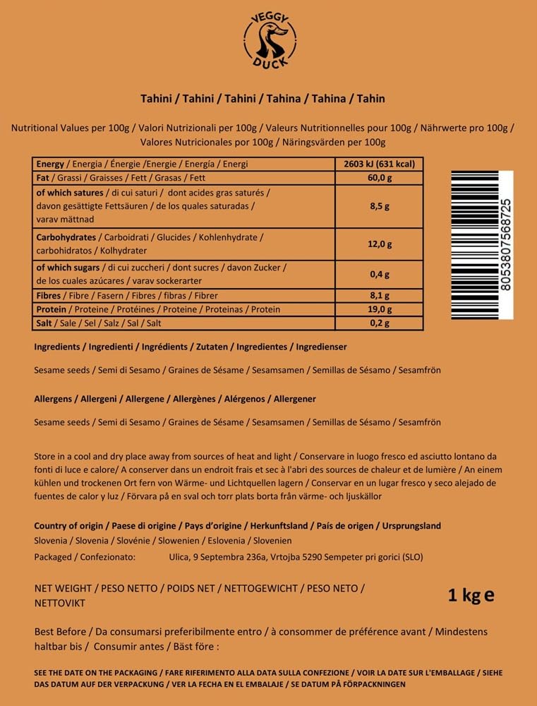 Veggy Duck - Tahini (1Kg) - Graines de Sésame Grillées et Pressées | Naturel | Sans OGM | Végétalien | Idéal pour Houmous