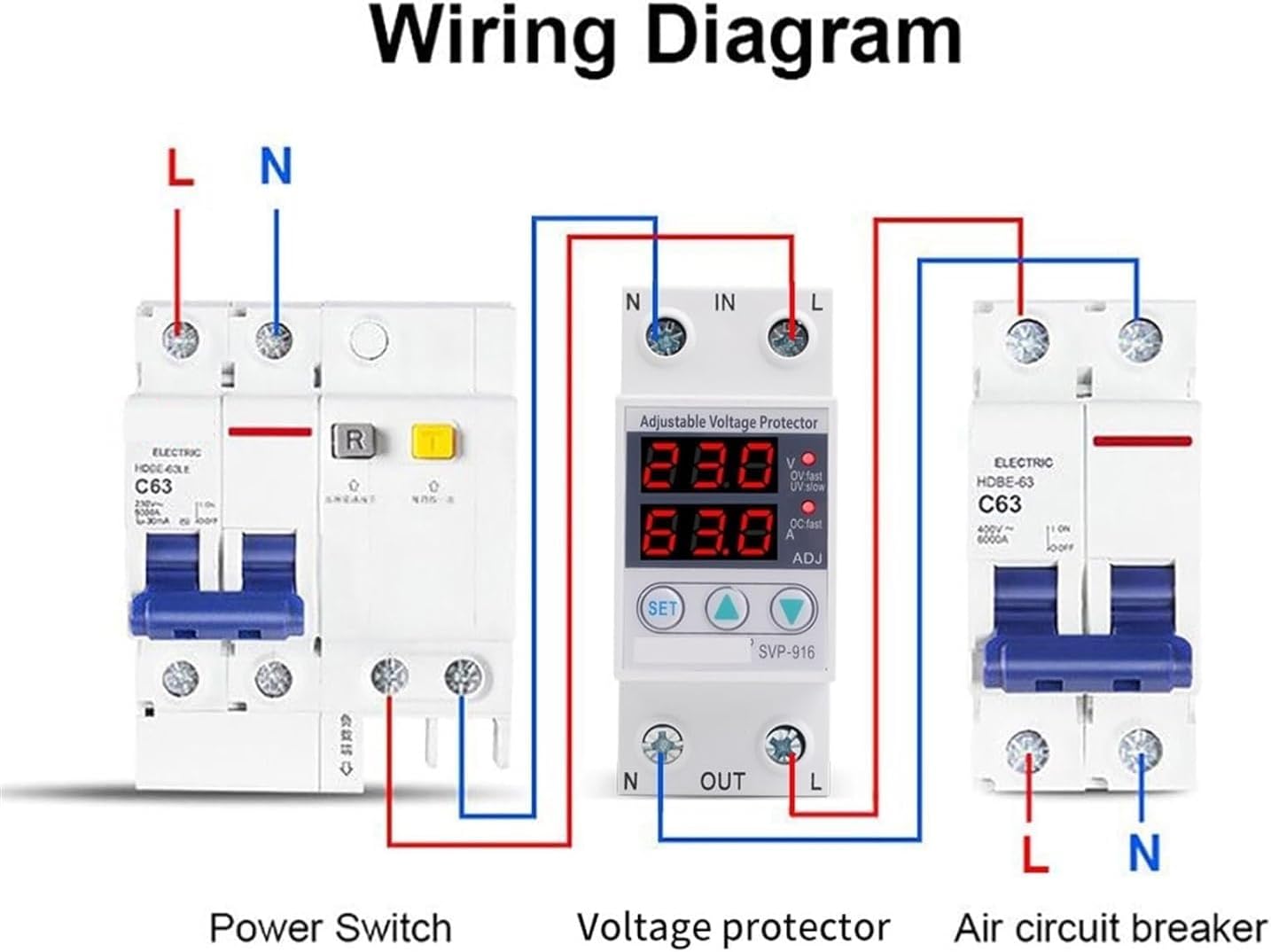 ALKOY Circuit Breaker Household 63A 220V Din Rail Adjustable Voltage Protector Relay with Over Current 1Pcs (Size : 63A 110V)