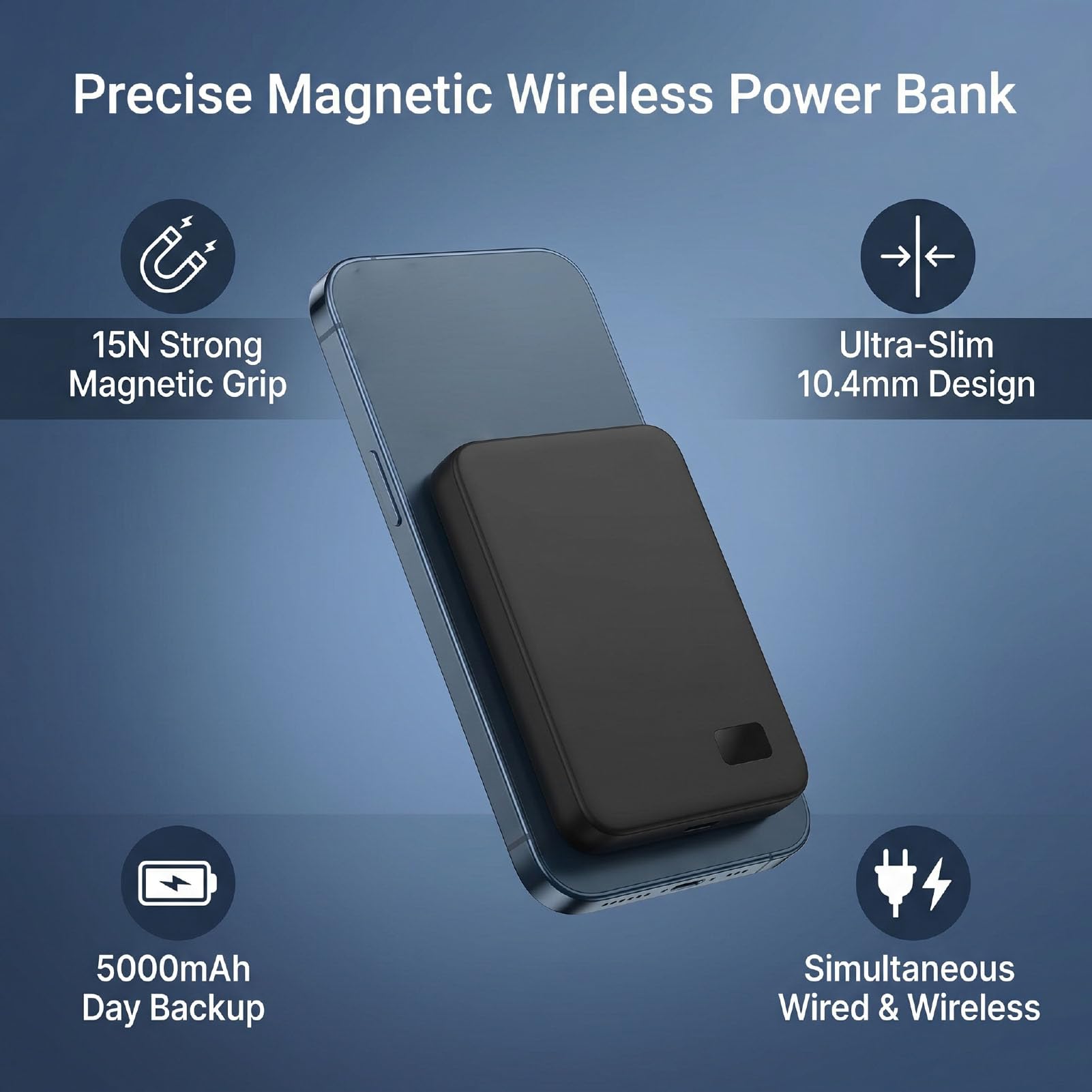 Chargeur Magnétique Mince sans Fil, 5000mAh, pour Téléphones iOS Séries 13 14 15 16 17, Léger et Portable (Black)