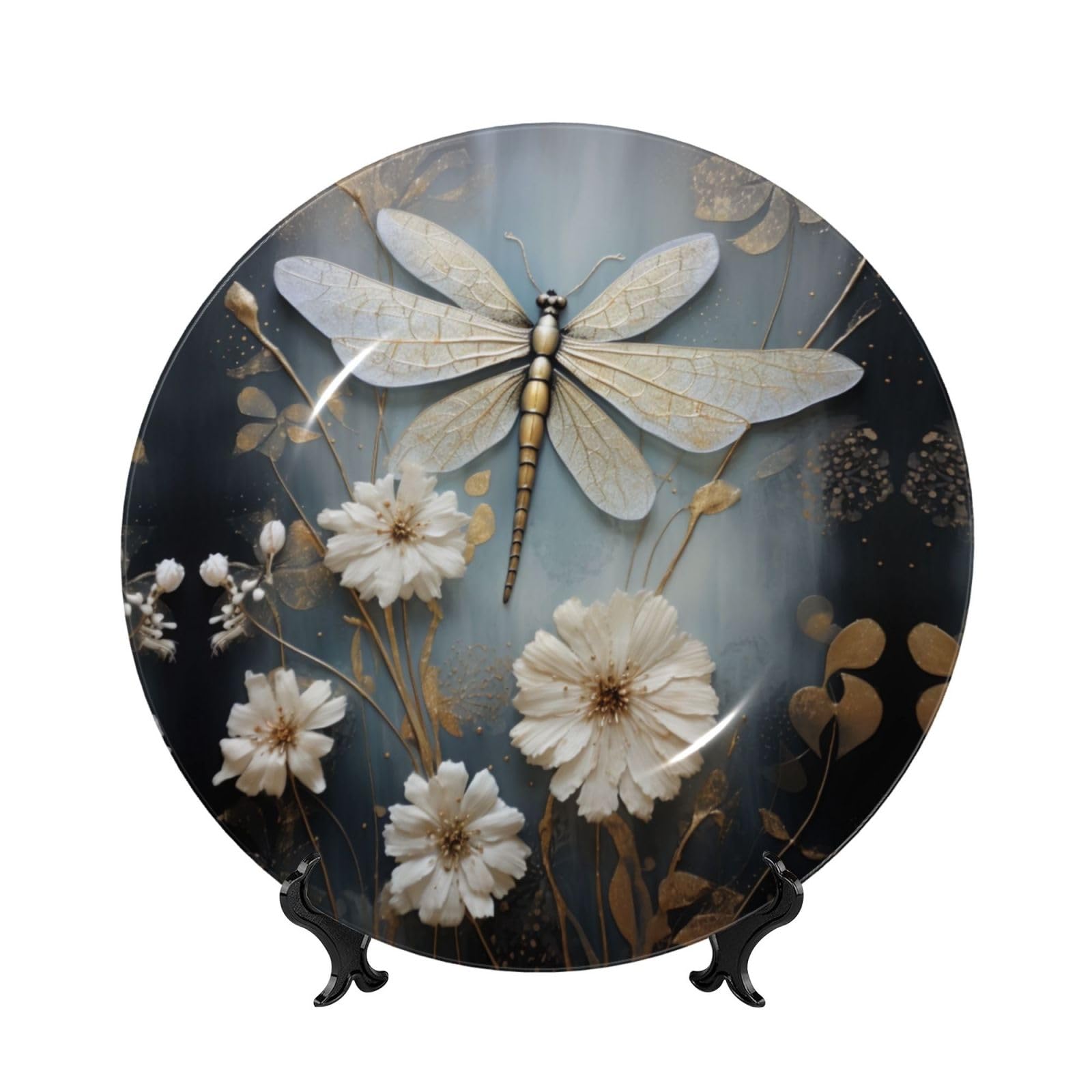 SXZVVBN A white dragonfly in bloom Bone China Decorative Plate Art with Stand Removable Adhesive Hanging for Home Office 6in（15cm）