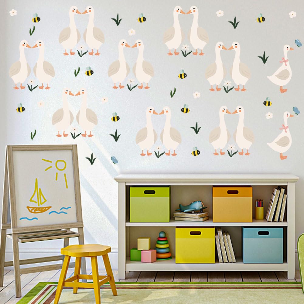 SUPERDANT 2Pcs Cartoon Goose Wall Sticker Set 96x30cm Watercolor Wall Decals Removable Funny Geese Peel and Stick Farm Animals Decor for Living Room Bedroom Study Colorful