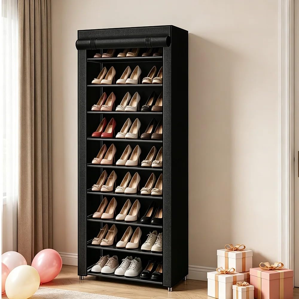 9 Tier Shoe Rack with Cover, Tall Shoe Storage Cabinet 60 x 30 x 155 cm, Dustproof Shoe Organiser with Non-Woven Fabric Cover, Space Saving Shoe Storage Rack for Hallway, Bedroom, Wardrobe (BLACK)