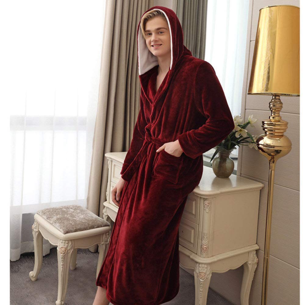 JJYY Flannel Hooded Robe Sleepwear Couple Kimono Bathrobe Gown Winter Warm Home Clothing Nightwear Casual,Burgundy Men,XL