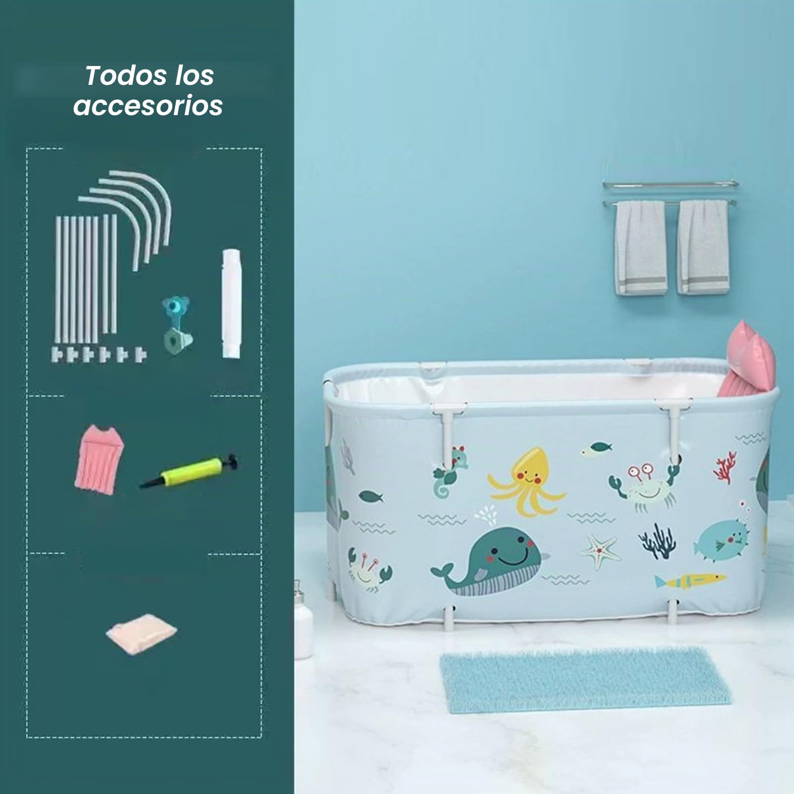 Bañera plegable para adultos, 140 x 50 x 55 cm, bañera móvil portátil con cojín y respaldo, bañera SPA para ducha, bañera plegable independiente para adultos y niños, estilo océano